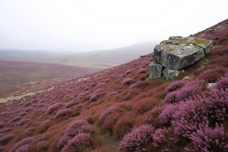 Heather in bloom around a granite outcrop